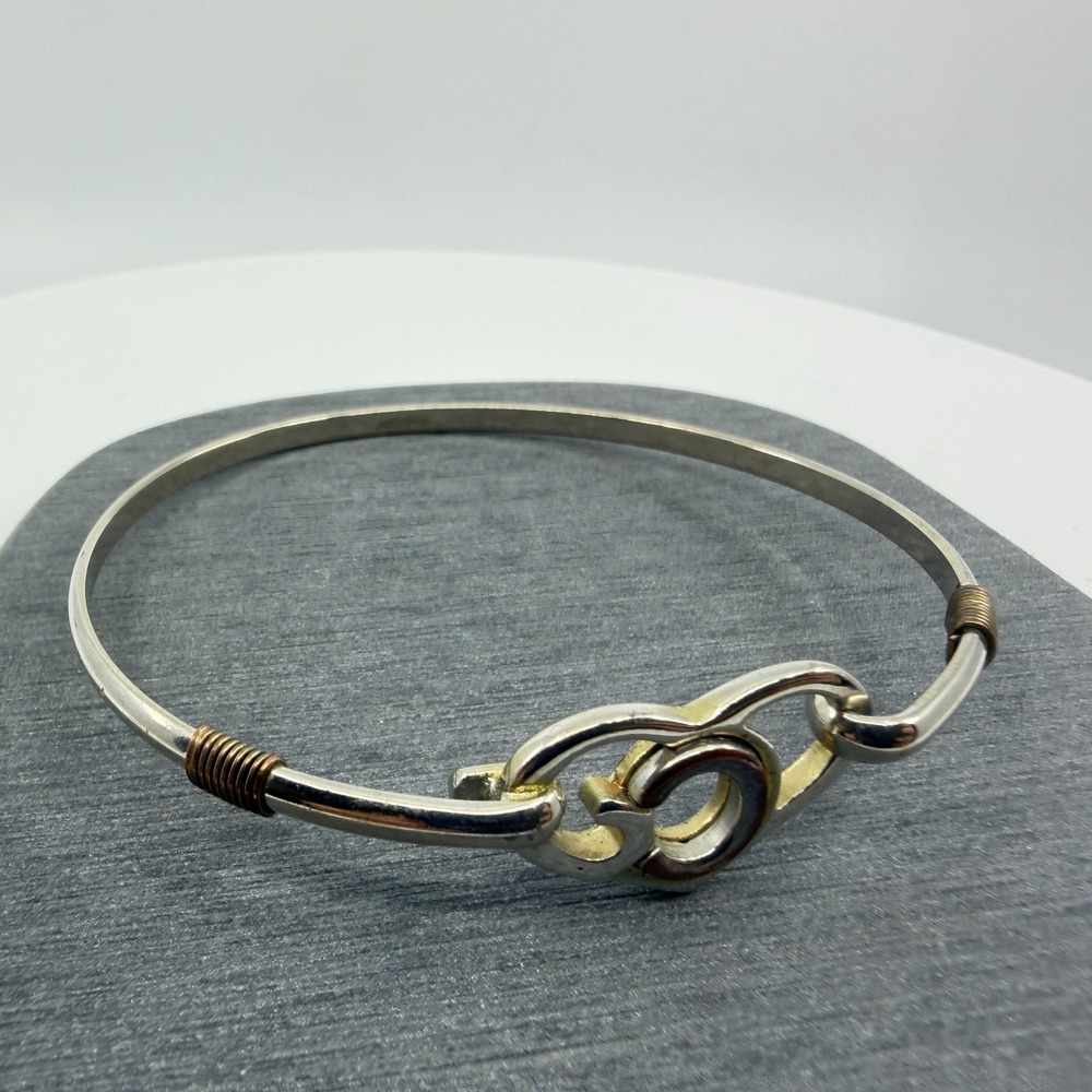 Elegant Silver Tone Bangle Bracelet Interlocking Heart Design Romantic Gift Idea